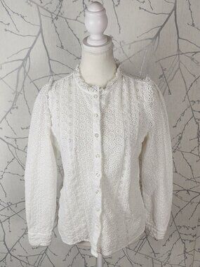 Baukjen White Organic Cotton Broderie Eyelet High Neck Blouse